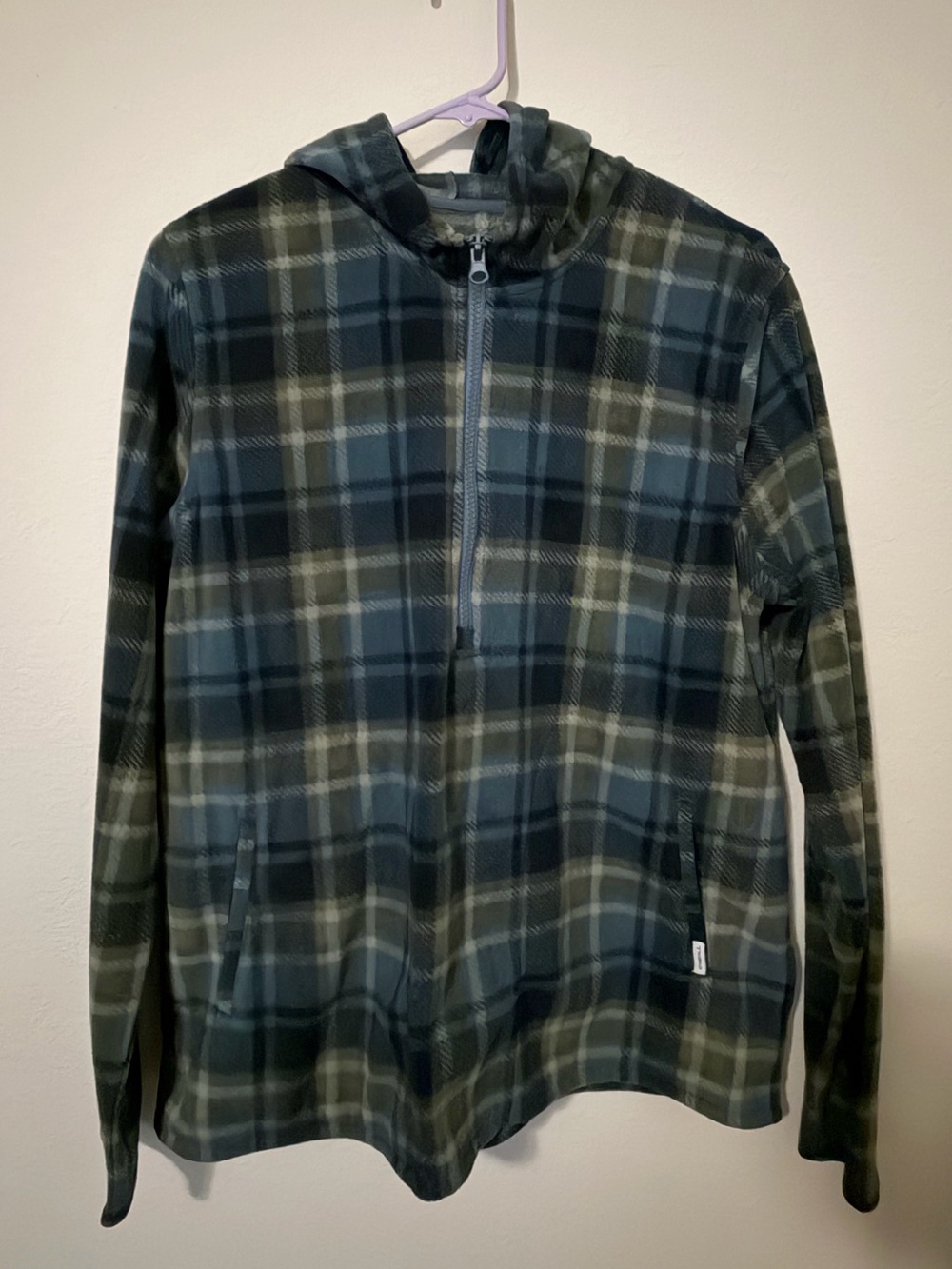 O'Neill Mens Medium Plaid Fleece Quarter Zip Hooded Pullover Jacket Blue Green